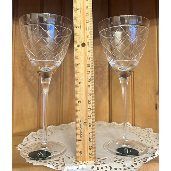 Set Of 2 Ralph Lauren Crystal Wine Glasses Silk Ribbon Criss Cross Dots - Picture 2 of 4